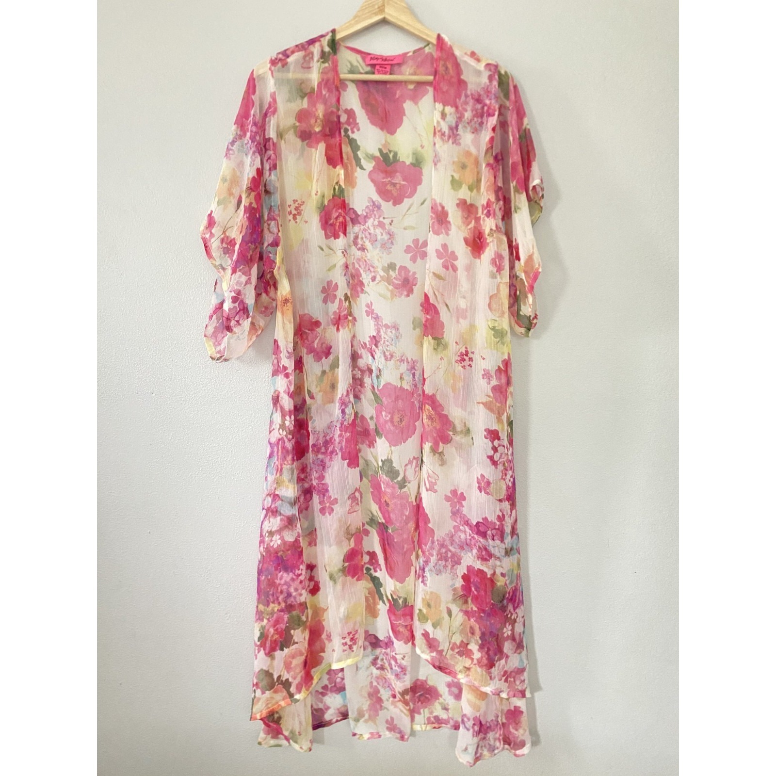 Betsey Johnson Sheer Pink Floral Duster Kimono Ruffle Short Sleeve Women Osfm
